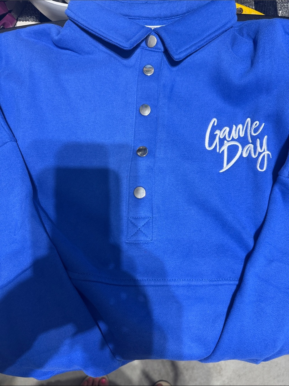 Oversized ladies Game Day Blue Snap-Front Polo Sweatshirt Medium